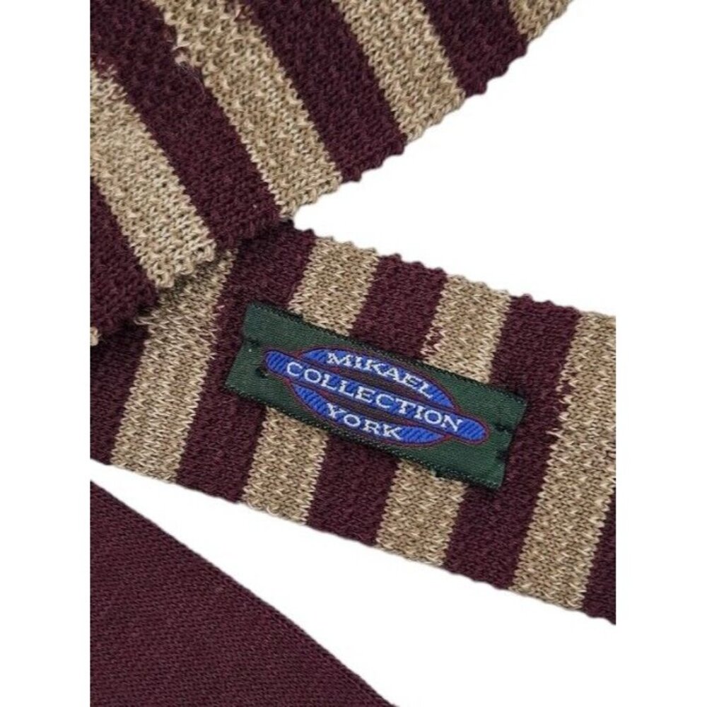 MIKAEL YORK Men's 100% New Wool Knit Necktie LUXURY Red Beige Striped W:3" EUC - Picture 2 of 4